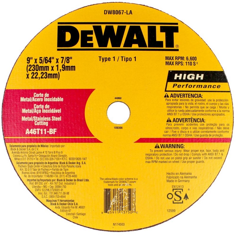 DISCO CORTE FINO T41 9" X 5/64" X 7/8" DEWALT DW8067LA