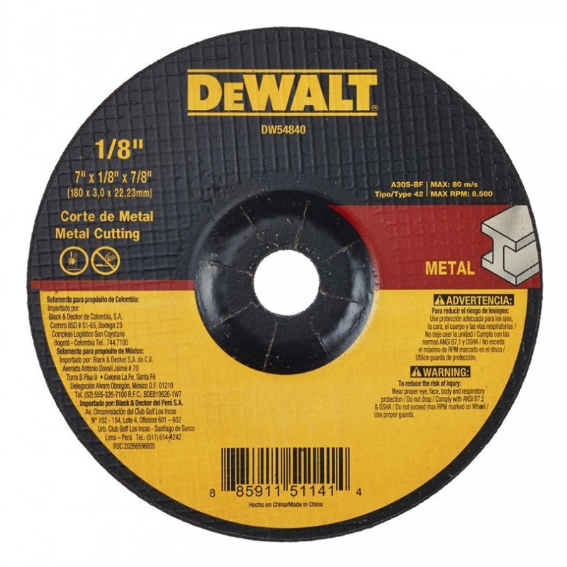 DISCO ABRASIVO CORTE T42 7X1/8 PULG. DEWALT DW54840