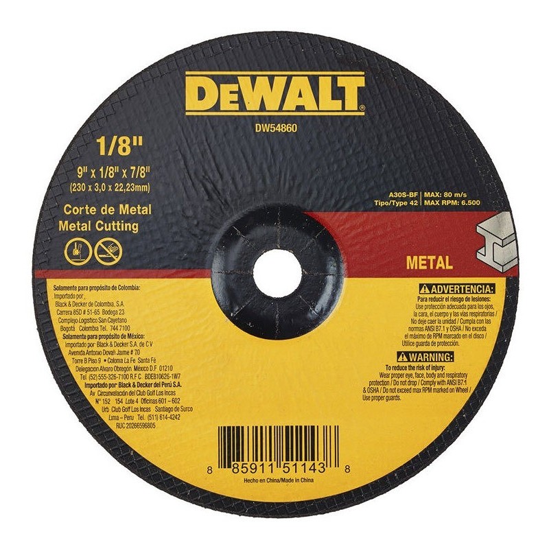 DISCO ABRASIVO 9PUL X 1/8 X 7/8 DEWALT DW54860