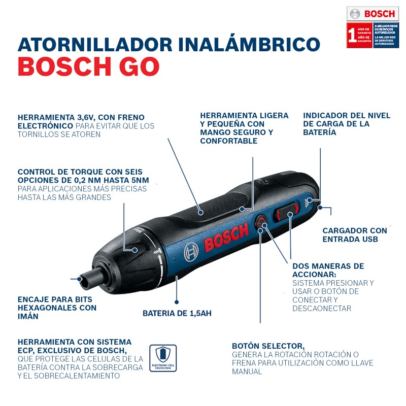 ATORNILLADOR INALAMBRICO BOSCH GO 3,6V BIVOLT CON 2 BITS