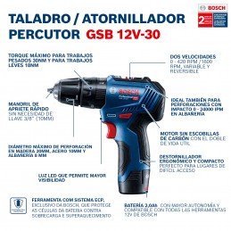 TALADRO PERCUTOR INALÁMBRICO BOSCH GSB 12V-30 SIN BATERIA