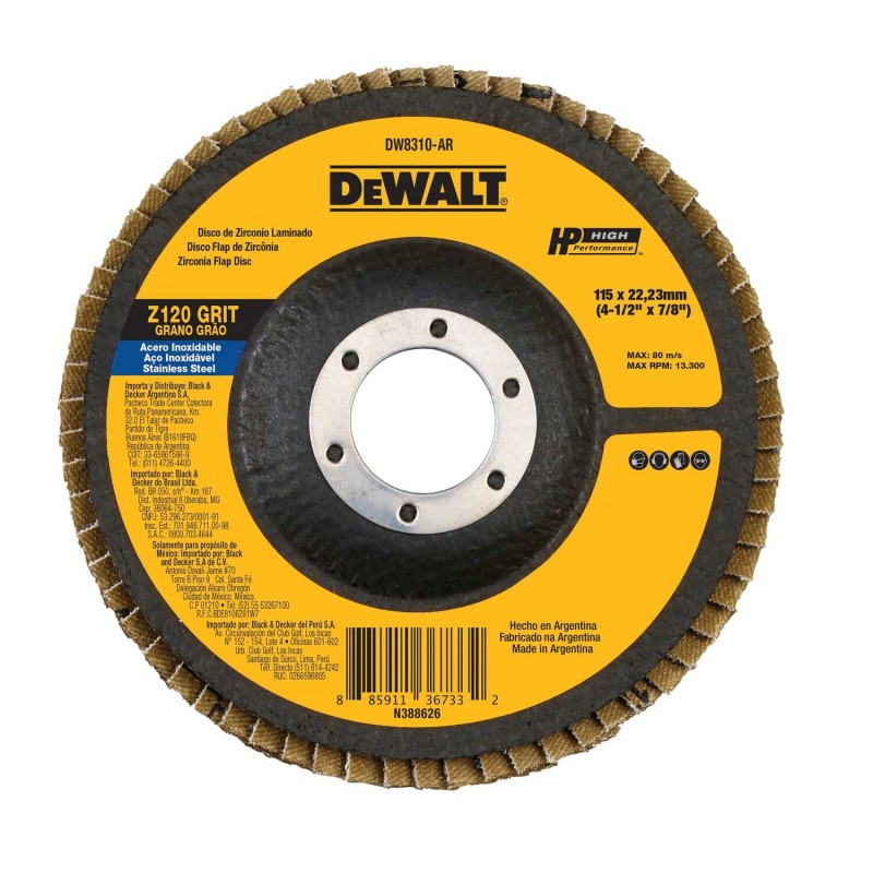 DISCO FLAP ZIRCONIO 4 1/2 X 7/8 GRANO 120 DEWALT DW8310