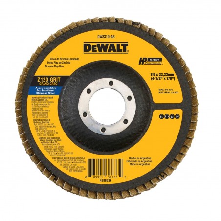 DISCO FLAP ZIRCONIO 4 1/2 X 7/8 GRANO 120 DEWALT DW8310