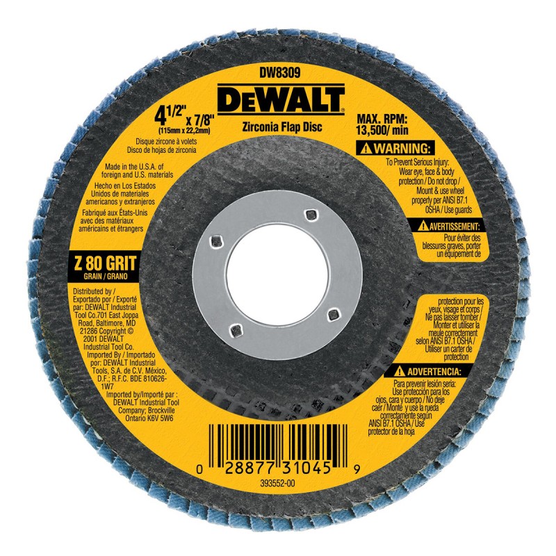 DISCO FLAP ZIRCONIO 4 1/2 X 7/8 GRANO 80 DEWALT DW8309
