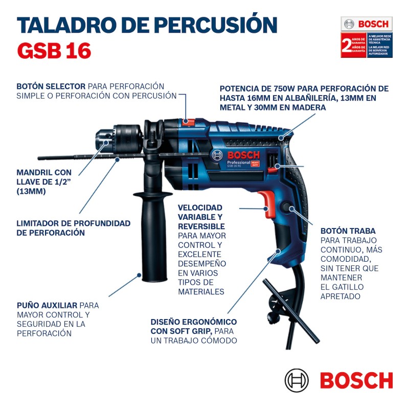 TALADRO PERCUTOR 1/2 BOSCH GSB 16 RE