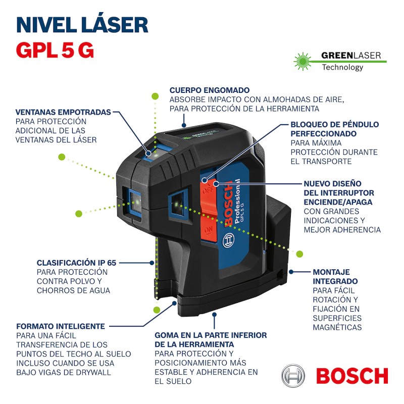 NIVEL LASER VERDE DE 5 PUNTOS BOSCH GPL 5 G PROFESSIONAL