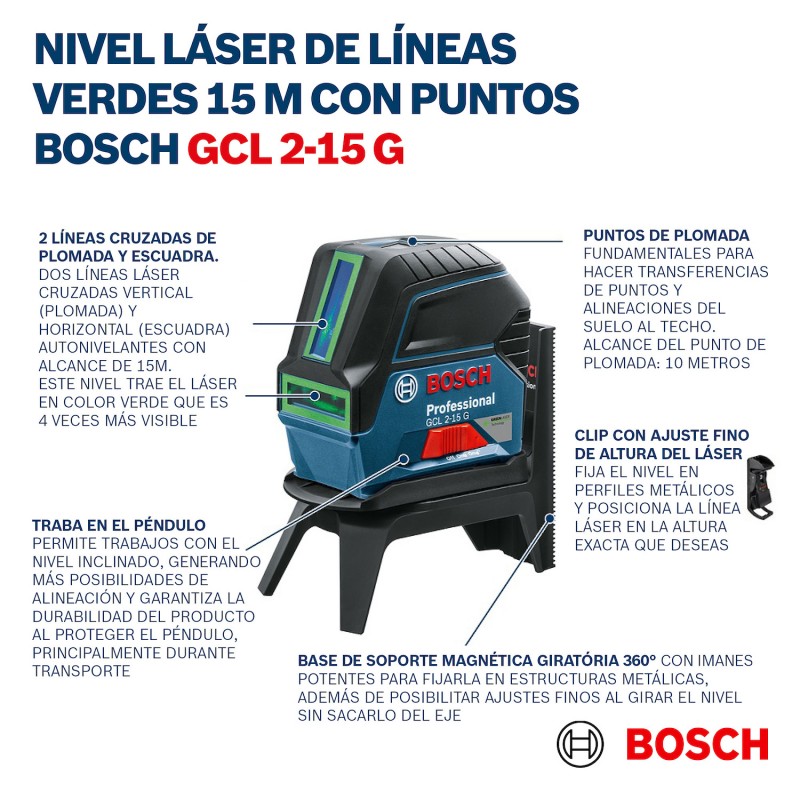 NIVEL LASER COMBINADO 2 LINEAS Y PLOMADA BOSCH GCL 2-15 G