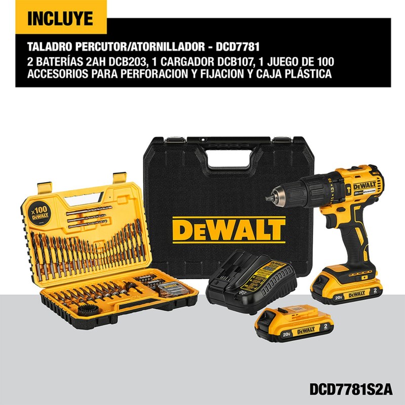 TALADRO PERCUTOR 1/2 2 BATERIAS 100 PZS DEWALT DCD7781S2A-B3