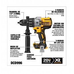 TALADRO PERCUTOR BL 1/2 20V MAX SIN BATERIA DEWALT DCD996B