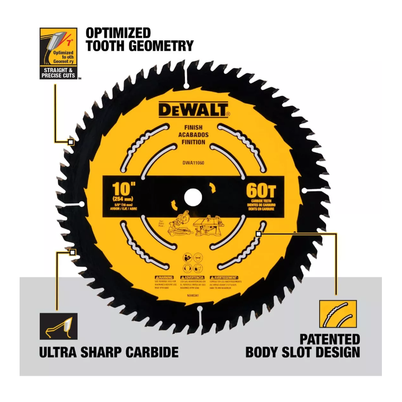 DISCO DE SIERRA DEWALT 10" 60 DIENTES ACABADO FINO DWA11060