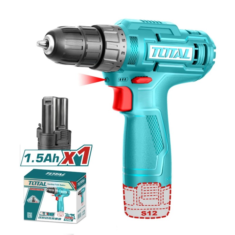 TALADRO INALAMBRICO TOTAL DE 3/8 12V BATERIA 1.5Ah TDLI12428