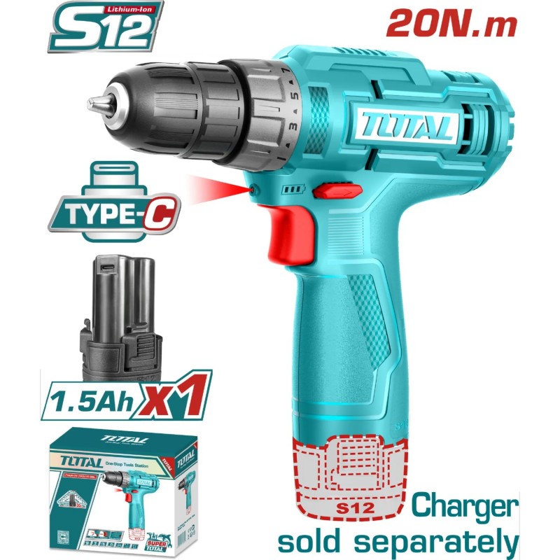 TALADRO INALAMBRICO TOTAL DE 3/8 12V BATERIA 1.5Ah TDLI12428