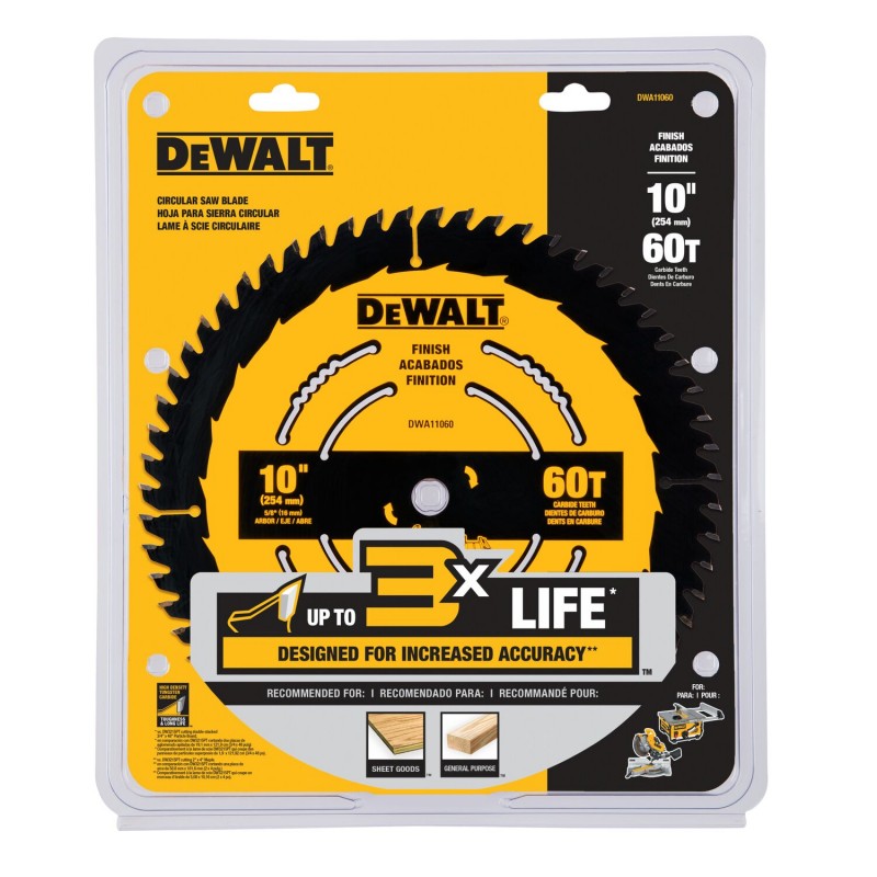 DISCO DE SIERRA DEWALT 10" 60 DIENTES ACABADO FINO DWA11060