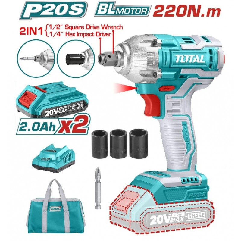 LLAVE DE IMPACTO Y ATORNILLADOR TOTAL 20V (1/2") 2 en 1UTIWLI20208