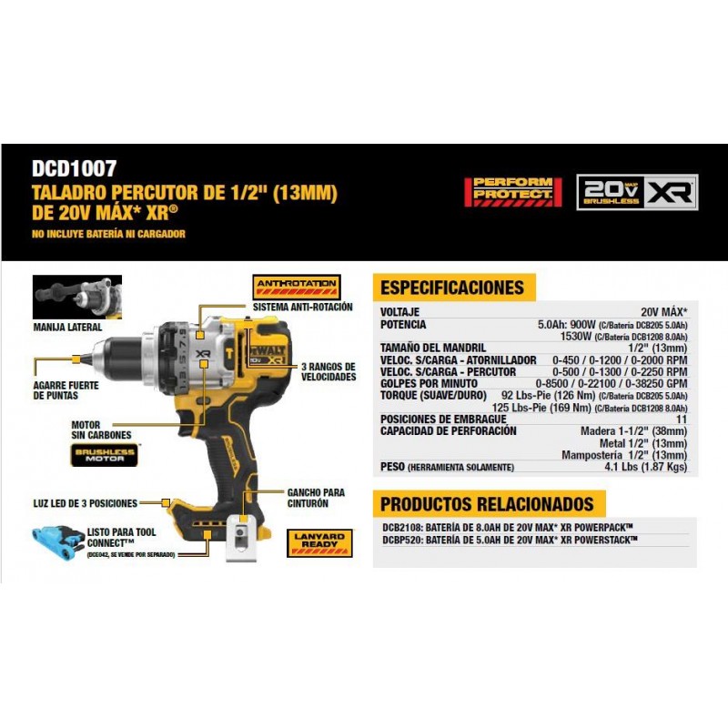 TALADRO PERCUTOR DEWALT 20V ALTO TORQUE 169 Nm DCD1007B-B3