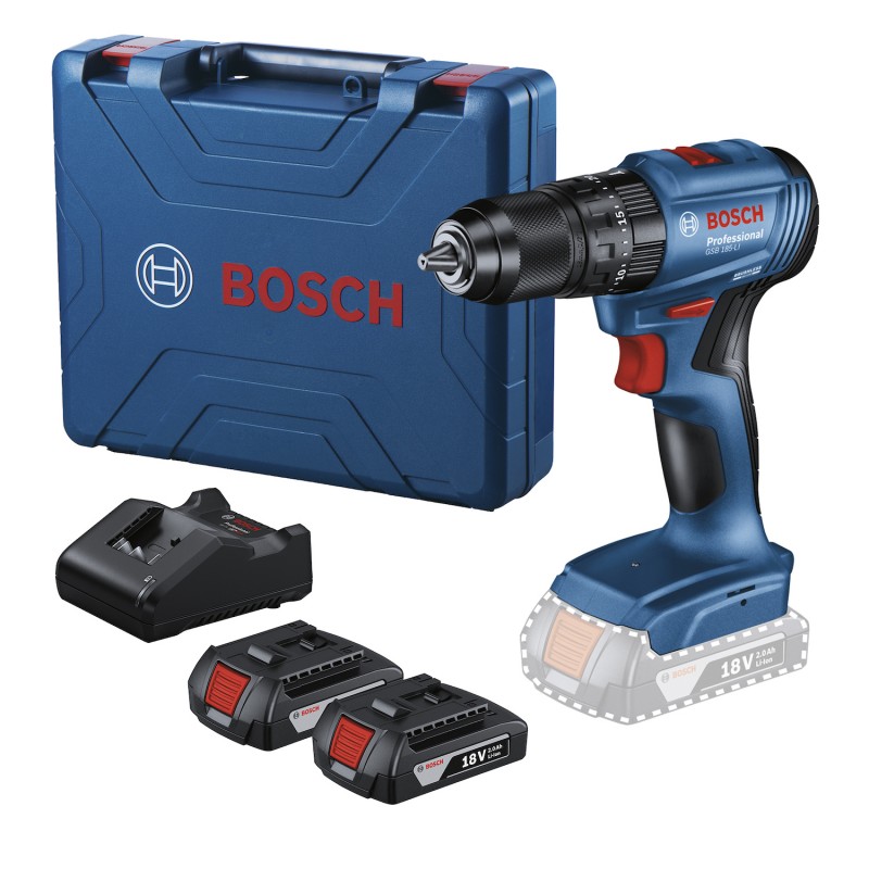 TALADRO PERCUTOR INALAMBRICO BOSCH GSB 185-LI CARGADOR 2 BATERIAS + 23 ACCESORIOS GSB185LI+23ACC