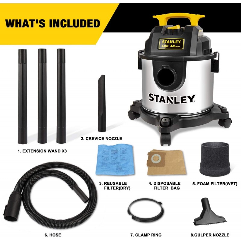 ASPIRADORA STANLEY 4 GAL ACERO INOX 15L 4 HP PICK SL18031-4B