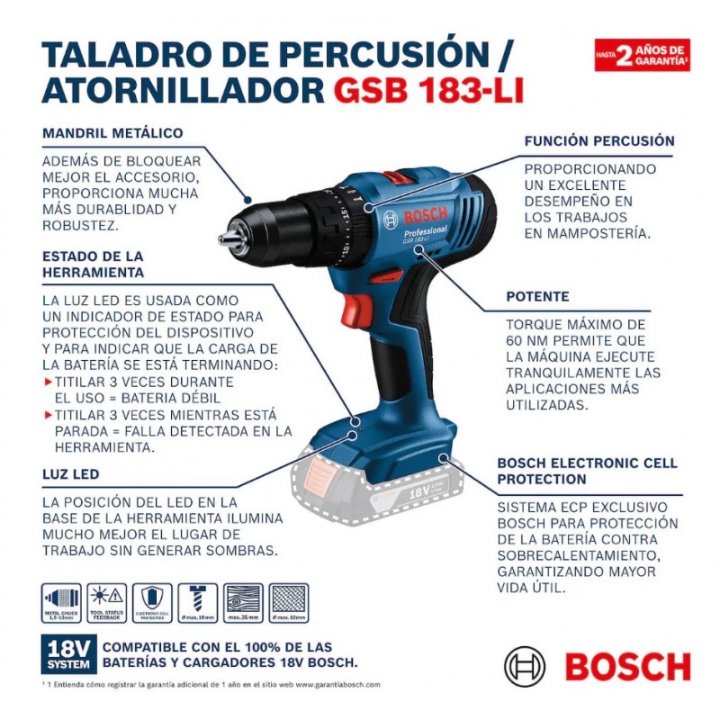 TALADRO PERCUTOR BOSCH 2 BATERIAS MALETIN GSB 183-LI