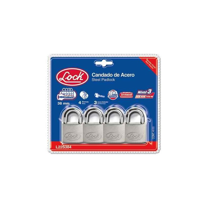 CANDADO CORTO LLAVE ESTÁNDAR 4 PIEZAS 38MM LOCK L22S384