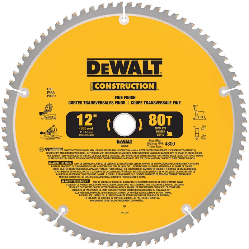 DISCO SIERRA DEWALT 12 PULG x 80 DIENTES DW3128